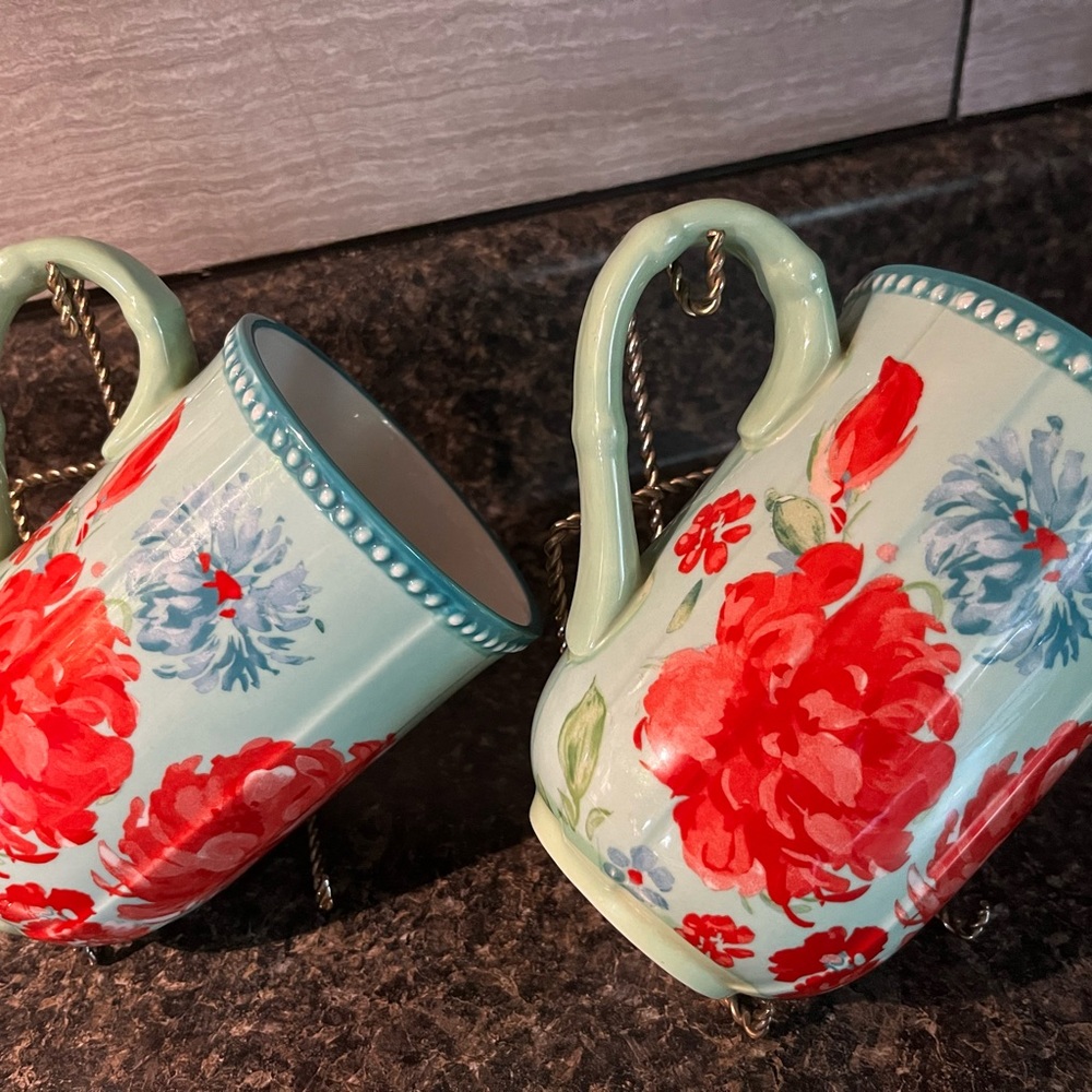 The Pioneer Woman Mint Green Mugs with Red and Blue Floral Design